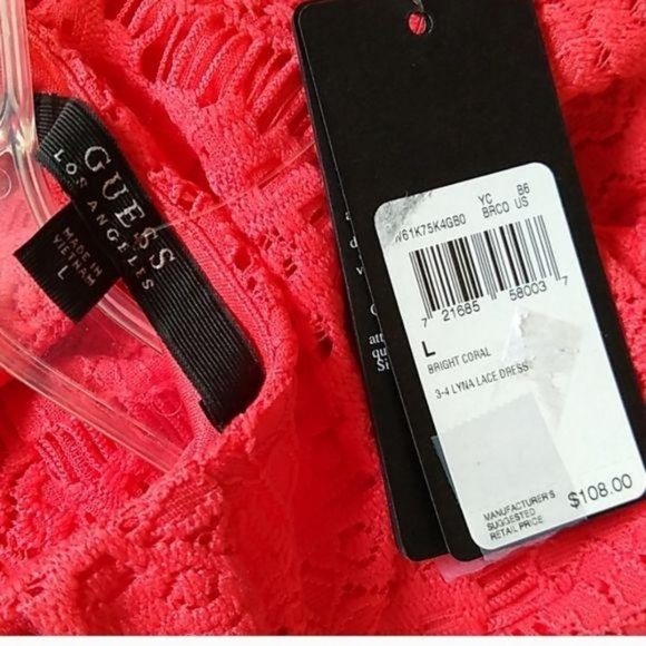 Guess Lace Dress Fitted Keyhole Back Orange Coral - Picture 4 of 7